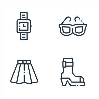 Moda çizgisi simgeleri. Doğrusal küme. Çizme, etek, güneş gözlüğü gibi kalite vektör çizgisi