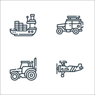 Araç taşıma hattı simgeleri. Doğrusal küme. Uçak, traktör, araba gibi kalite vektör çizgisi