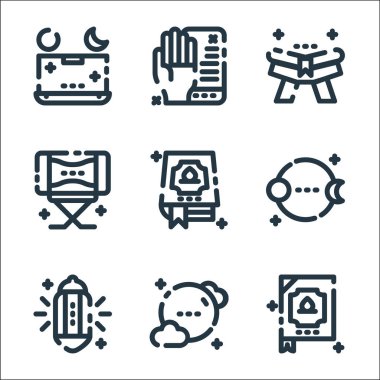 Ramazan Kareem çizgi simgeleri. Doğrusal küme. Kuran, ay, ışık, ay, Kuran, davul, Kuran gibi kalite vektör çizgisi kümesi