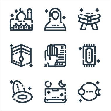 Ramazan Kareem çizgi simgeleri. Doğrusal küme. Ay, zaman çizgisi, avuç içi, dua, dua, kabe, Kuran, Müslümanlar gibi kalite vektör çizgisi