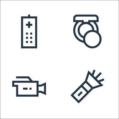 Sinema çizgisi simgeleri. Doğrusal küme. Fener, kamera, makyaj gibi kalite vektör çizgisi