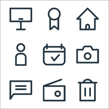 kullanıcı arayüzü satır simgeleri. Doğrusal küme. Sil, radyo, sohbet, kamera, ajanda, kullanıcı, ev, favori gibi kalite vektör satırı kümesi