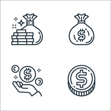 Para ve para birimi çizgisi simgeleri. Doğrusal küme. dolar para, para, para, para çantası gibi kalite vektör çizgisi