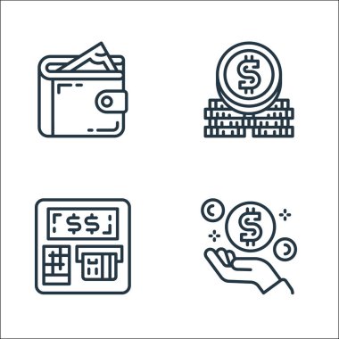 Para ve para birimi çizgisi simgeleri. Doğrusal küme. Para, ATM, bozuk para yığını gibi kalite vektör çizgisi kümesi