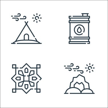 Çöl çizgisi ikonları. Doğrusal küme. Kaya, kalıp, yağ varili gibi kalite vektör çizgisi