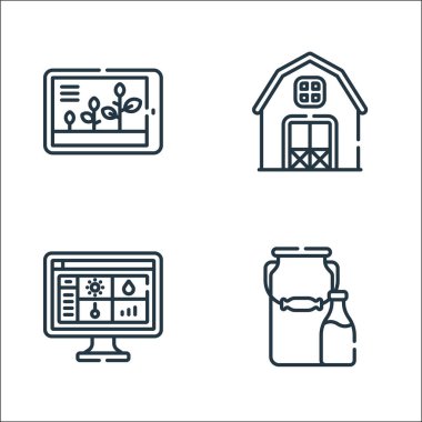 Akıllı çiftlik çizgisi simgeleri. Doğrusal küme. Süt, akıllı çiftlik, ahır gibi kalite vektör çizgisi