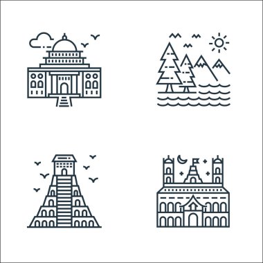 Turizm çizgisi simgeleri. Doğrusal küme. Kalite vektör çizgisi şato, aztek piramidi, dağlar gibi
