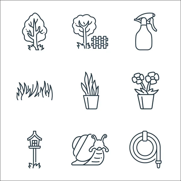 Gartenzeilen Symbole Lineares Set Qualitätsvektorleitungsset Wie Schlauch Schnecke Lampe Blume — Stockvektor