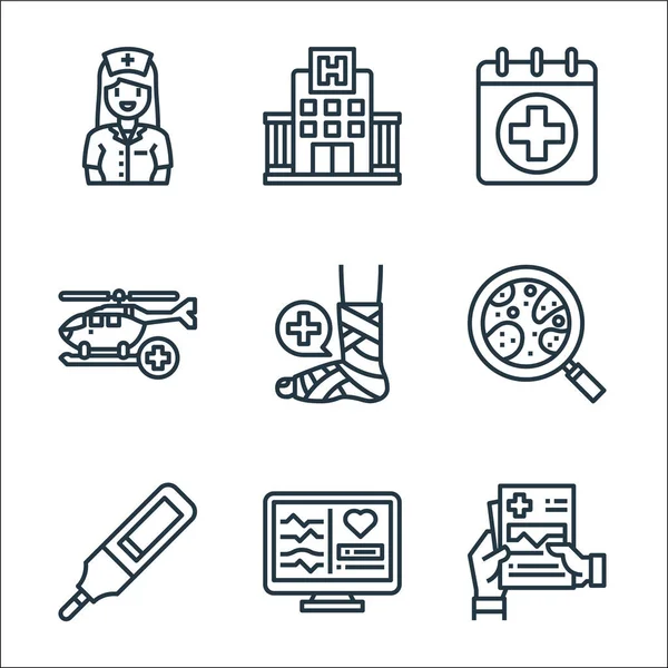 hospital line icons. linear set. quality vector line set such as medical result, heart rate monitor, thermometer, magnifying, splint, helicopter, medical, hospital