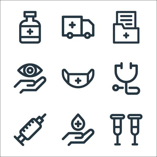 Artículos Médicos Línea Iconos Conjunto Lineal Conjunto Línea Vectorial Calidad — Vector de stock