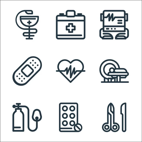 Herramientas Médicas Línea Iconos Conjunto Lineal Conjunto Línea Vectorial Calidad — Vector de stock