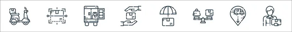 Lieferleitungssymbole Lineares Set Qualitätsvektorleitungssatz Wie Zusteller Lieferwagen Paket Versicherung Lkw — Stockvektor