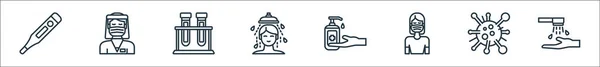 ウイルス感染線のアイコン 直線セット 洗浄手 ウイルス フェイスマスク 洗浄手 シャワー 男性看護師などの高品質ベクトルラインセット — ストックベクタ