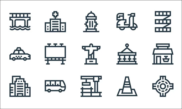 city life line icons. linear set. quality vector line set such as roundabout, construction, building, traffic cone, electric bus, taxi, carousel, scooter, hospital
