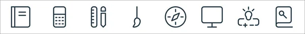 Bildungs Symbole Lineares Set Qualitätsvektorliniensatz Wie Buch Anzeige Kompass Pinsel — Stockvektor