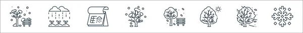 stock vector flat season line icons. linear set. quality vector line set such as snowflake, tree, tree, park, winter tree, rainy day, plants