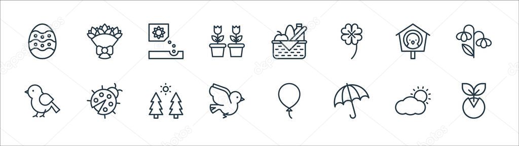 flat spring line icons. linear set. quality vector line set such as sprout, umbrella, bird, bird, bird house, planting, food basket, bouquet