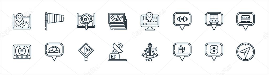 navigation and maps line icons. linear set. quality vector line set such as compass, gas station, satellite dish, radar, bus stop, map, tracking, wind direction