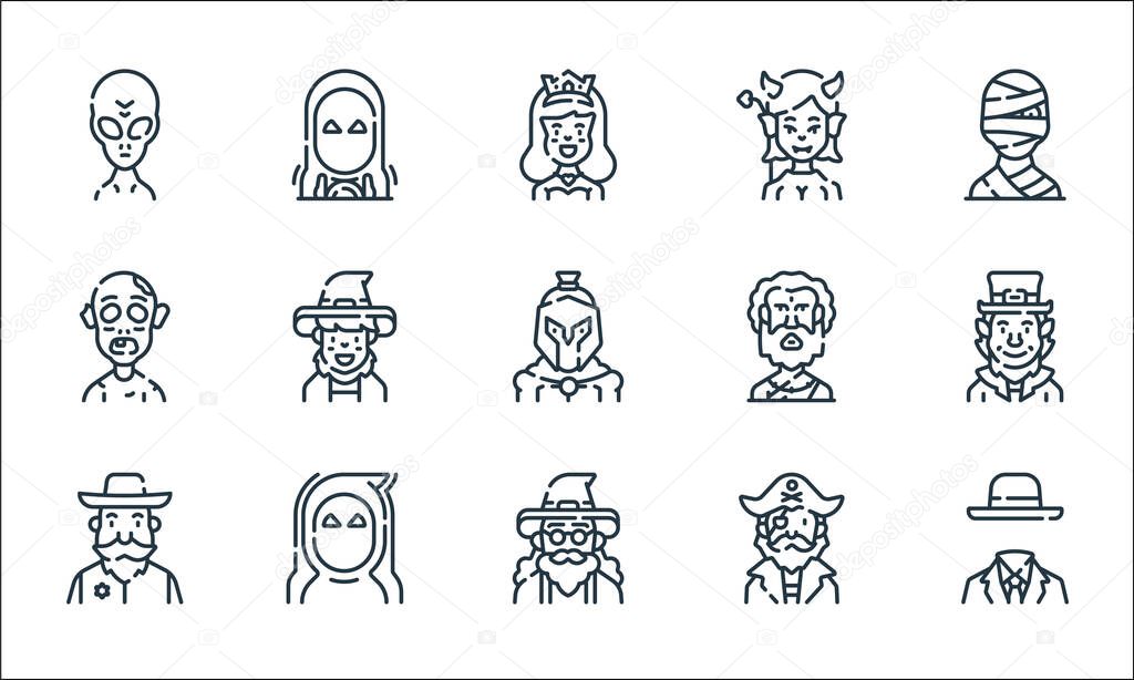 fantastic characters line icons. linear set. quality vector line set such as invisible man, wizard, sheriff, pirate, wraith, zombie, guru, succubus, wizard