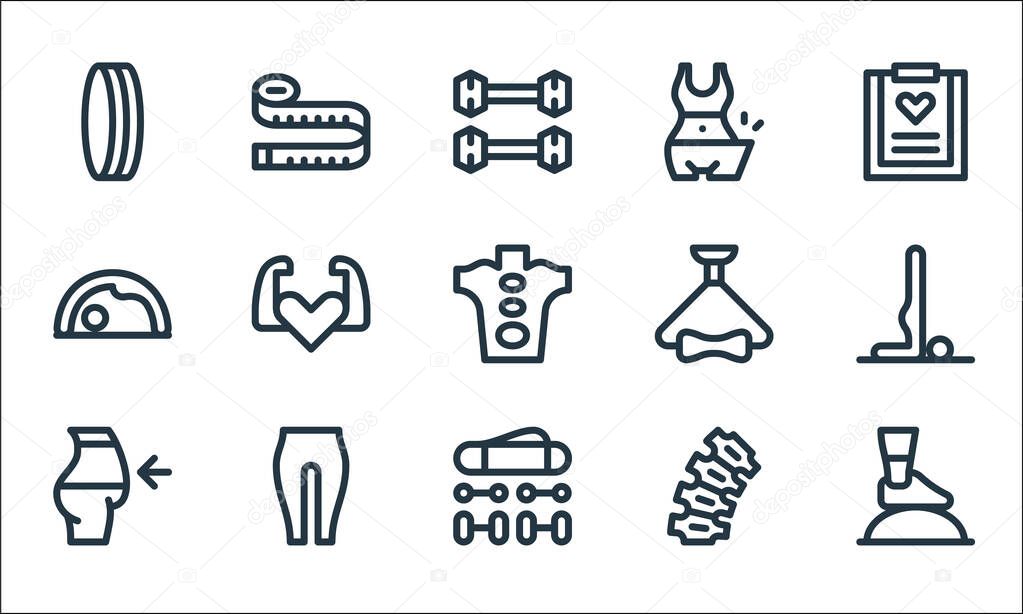 pilates line icons. linear set. quality vector line set such as bosu ball, accesories, diet, dorsal spine, pants, yoga, exercise, diet, measuring tape