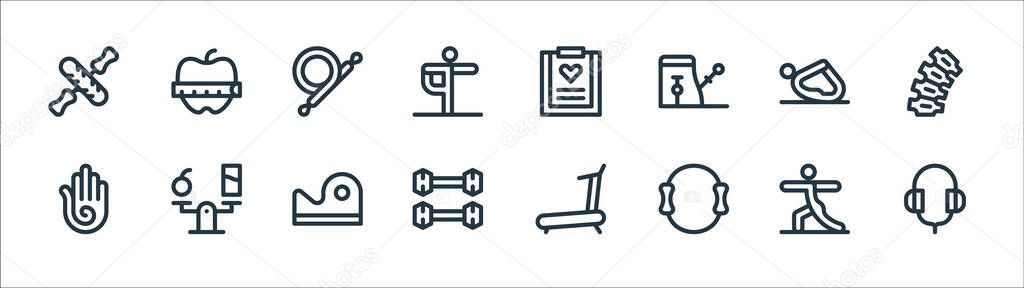 pilates line icons. linear set. quality vector line set such as headphones, pilates, dumbbells, hand, yoga, resistance band, health check, apple