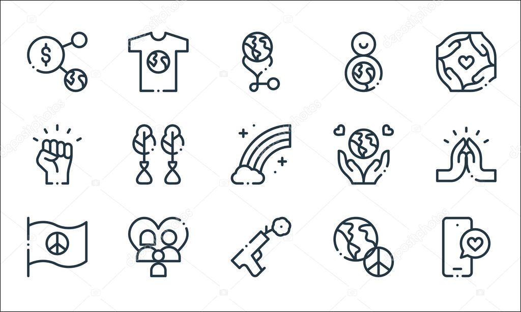 world love line icons. linear set. quality vector line set such as love message, peace, pacifism, peace, family, protest, save the world, world, t shirt