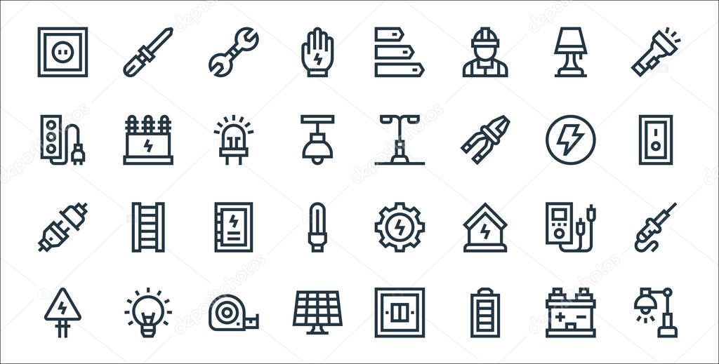 electrician tools and line icons. linear set. quality vector line set such as desk lamp, battery status, solar panel, electrical danger, multimeter, distribution board, switch on, street lamp,