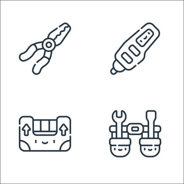Elektrikçi aletleri ve çizgi simgeleri. Doğrusal küme. araç kemeri, seviye, test edici gibi kalite vektör çizgisi kümesi