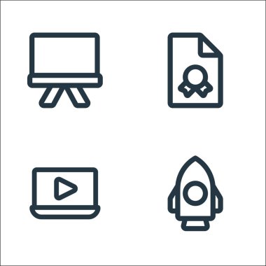çevrimiçi öğrenme satırı simgeleri. Doğrusal küme. Roket, video öğretim, rapor gibi kalite vektör çizgisi kümesi