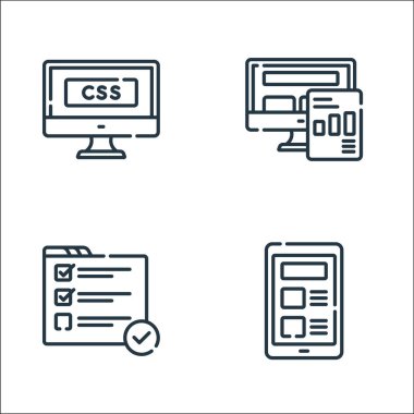 Web geliştirme çizgisi simgeleri. Doğrusal küme. kalite vektör çizgisi: ağ, test, rapor