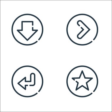 Ok çizgisi simgeleri. Doğrusal küme. Yıldız, geri, sağ gibi kalite vektör çizgisi