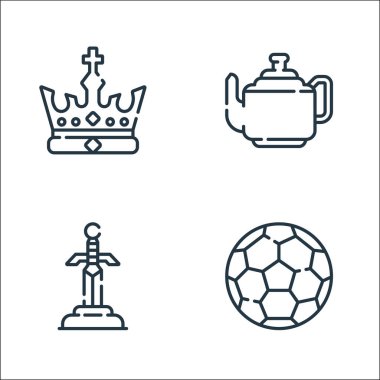 İngiltere hat simgeleri. Doğrusal küme. Futbol, kılıç, çaydanlık gibi kalite vektör çizgisi