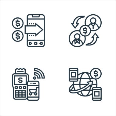 ödeme ögesi çizgisi simgeleri. Doğrusal küme. Para transferi, nakit ödeme, borç verme gibi kalite vektör çizgisi