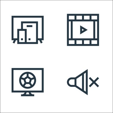 Televizyon dizisi simgeleri. Doğrusal küme. Sessizlik, futbol, film gibi kalite vektör çizgisi