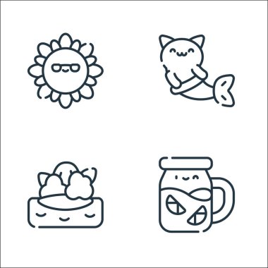 Yaz çizgisi simgeleri. Doğrusal küme. Limonata, ada, denizkızı gibi kalite vektör çizgisi