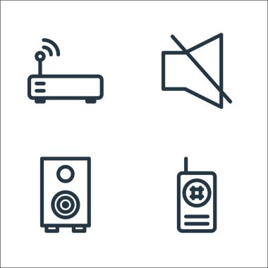 Teknoloji çizgisi simgeleri. Doğrusal küme. Telefon, ses, sessizlik gibi kalite vektör çizgisi