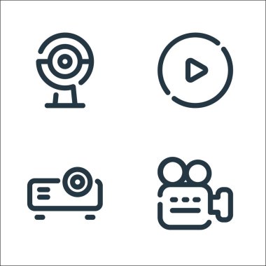 Video hattı simgeleri. Doğrusal küme. Video kamera, projektör, çalma düğmesi gibi kalite vektör çizgisi