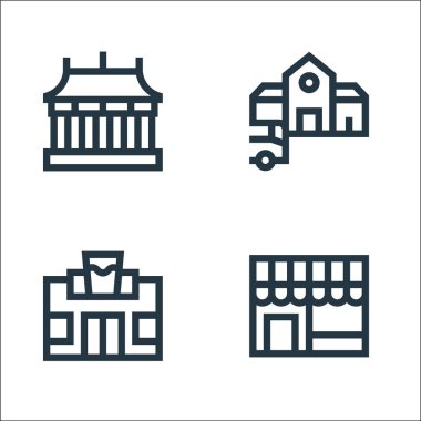 Kentsel yapı çizgisi simgeleri. Doğrusal küme. dükkan, bar, otobüs durağı gibi kalite vektör çizgisi