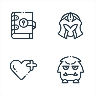 Video oyunu unsurları satır simgeleri. Doğrusal küme. Kaliteli vektör çizgisi, düşman, yaşam, miğfer gibi