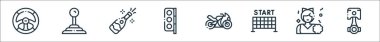 Otopsi çizgisi simgeleri. Doğrusal küme. Piston, ponpon kız, start, motosiklet, trafik ışığı, şampanya, vites kolu gibi kalite vektör çizgisi