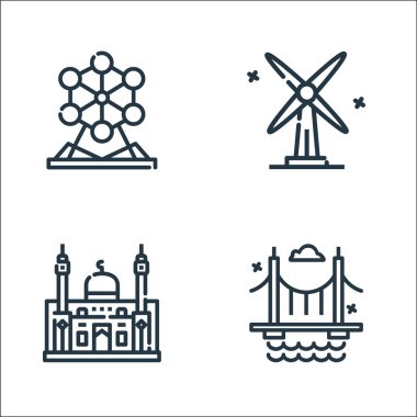 Dünya Anıt Çizgisi ikonları. Doğrusal küme. Köprü, cami, anaokulu gibi kalite vektör çizgisi kümesi