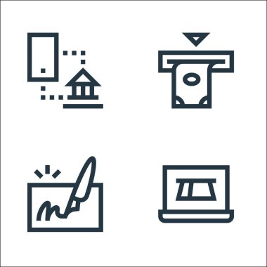 Ödeme çizgisi simgeleri. Doğrusal küme. Çevrimiçi ödeme, çek, ATM gibi kalite vektör çizgisi seti