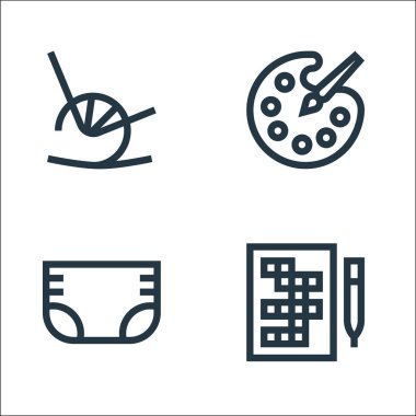 emeklilik ev çizgisi simgeleri. Doğrusal küme. Çapraz bulmaca, bez, boya paleti gibi kalite vektör çizgisi