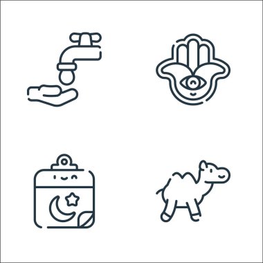 Ramazan çizgi simgeleri. Doğrusal küme. Deve, takvim, hamsa gibi kalite vektör çizgisi