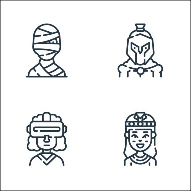 fantastik karakter çizgisi simgeleri. Doğrusal küme. Kleopatra, sanal gözlük, Spartan gibi kalite vektör çizgisi