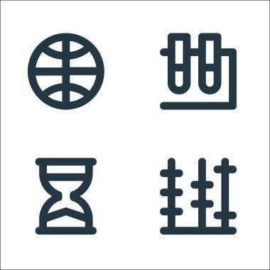 Eğitim materyali çizgisi simgeleri. Doğrusal küme. Abaküs, kum saati, test tüpü gibi kalite vektör çizgisi