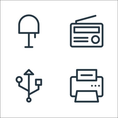 Elektronik hat simgeleri. Doğrusal küme. Faks makinesi, veri kablosu, radyo gibi kalite vektör satırı kümesi