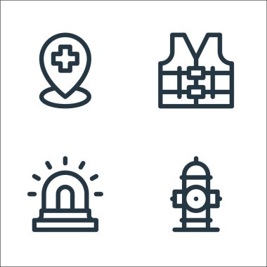 Acil durum çizgisi simgeleri. Doğrusal küme. Kaliteli vektör çizgisi: Yangın musluğu, siren, yüksek görüş mesafesi yeleği