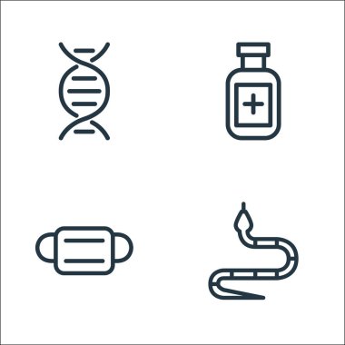 Koronavirüs çizgisi simgeleri. Doğrusal küme. Yılan, maske, ilaç gibi kalite vektör çizgisi