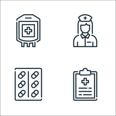 Tıbbi hat simgeleri. Doğrusal küme. Tıbbi rapor, hap, hemşire gibi kalite vektör çizgisi